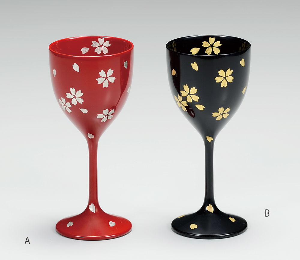 shuki3068 4A - 【箔蒔絵】越前塗りのワイングラス　プラチナさくら　朱　葡萄酒杯（A）［1客］