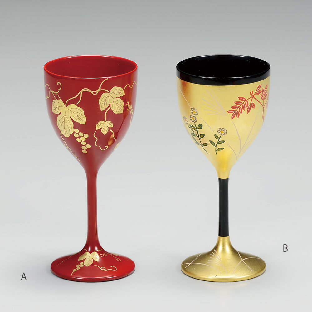 shuki3068 5A - 【箔蒔絵】越前塗りのワイングラス　つたぶどう　朱　葡萄酒杯（A）［1客］