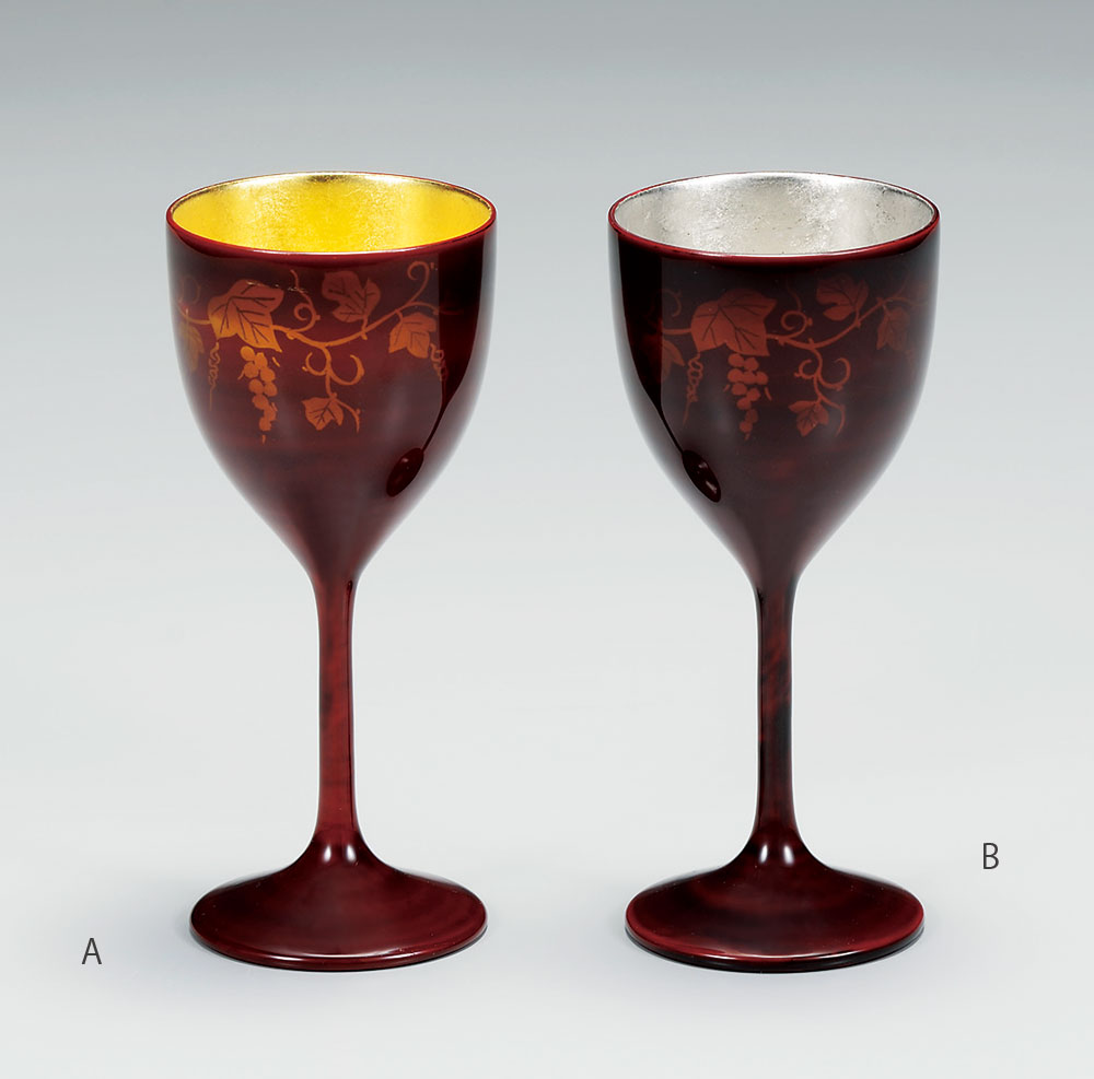 shuki3068 6B - 【箔蒔絵】越前塗りのワイングラス　プラチナ箔　ぶどう唐草　葡萄酒杯（B）［1客］