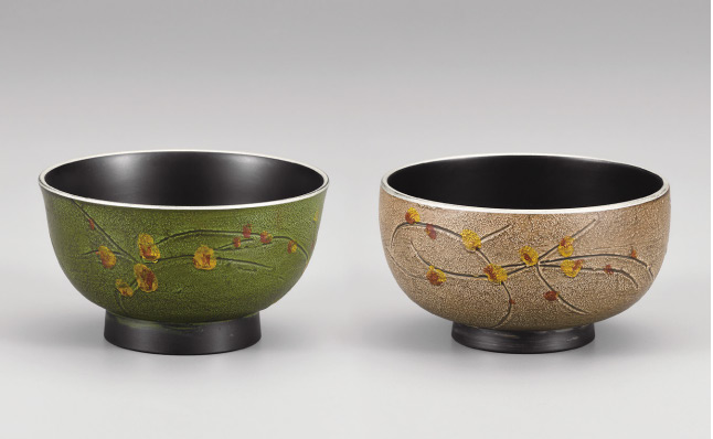 無題 - 越前漆器　花柄椀　[1客]  緑古代塗/漆白古代朱